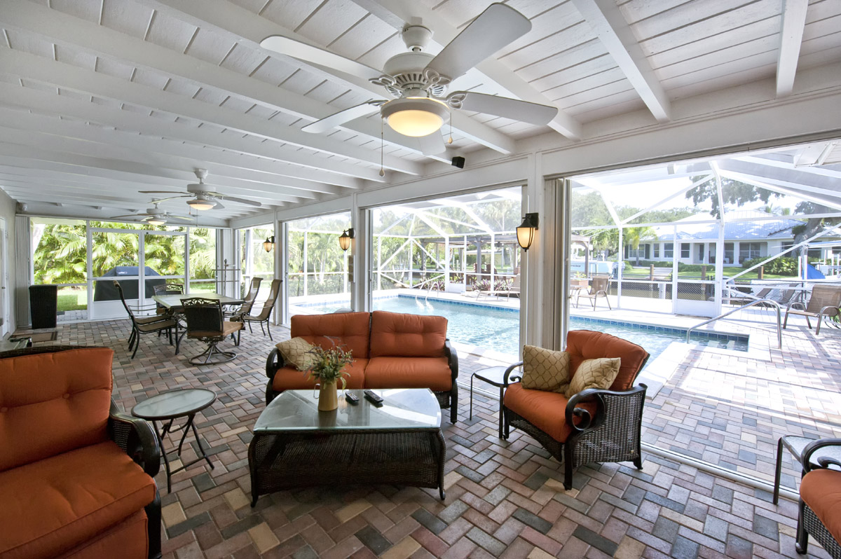 The covered Lanai offers beautiful water views    