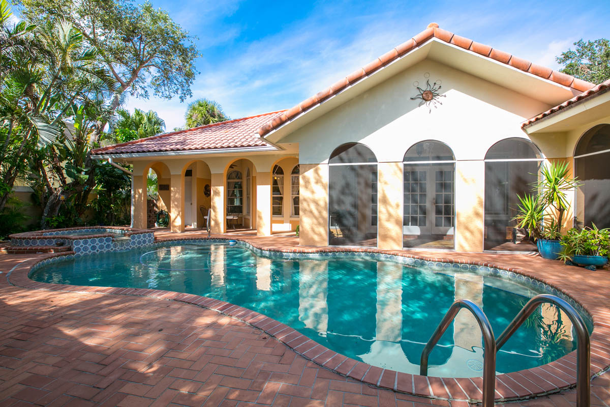 A great view of the pool patio and back porch areas. not 