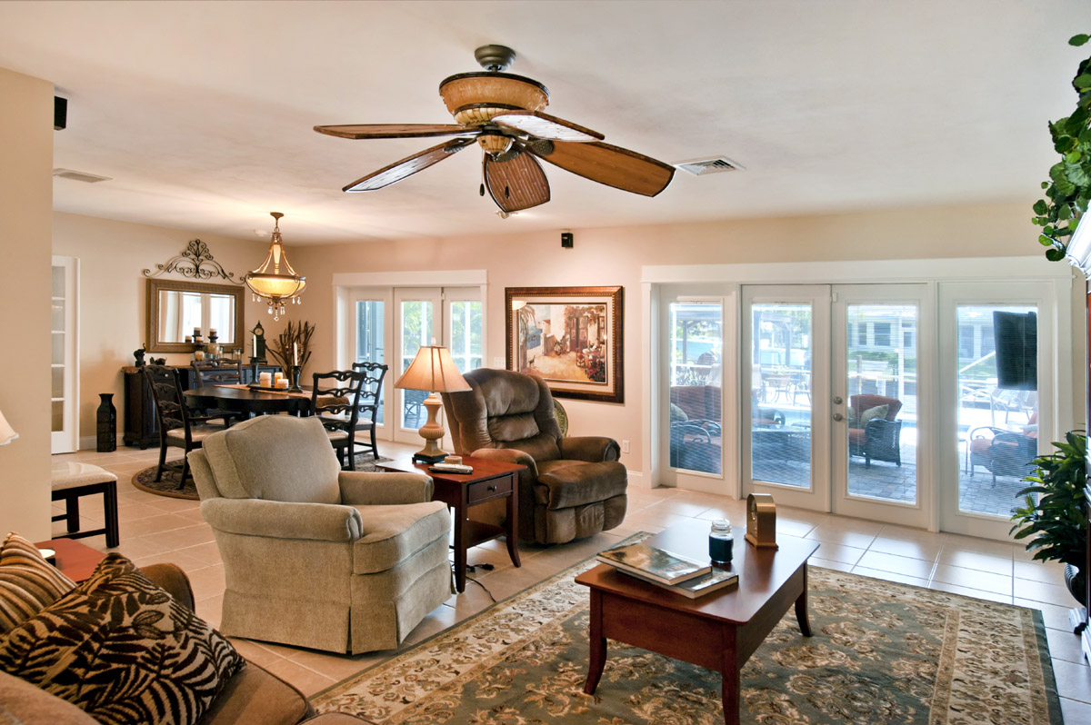 The Living Room and Dining Room Area open up to the patio and offer nice water views 