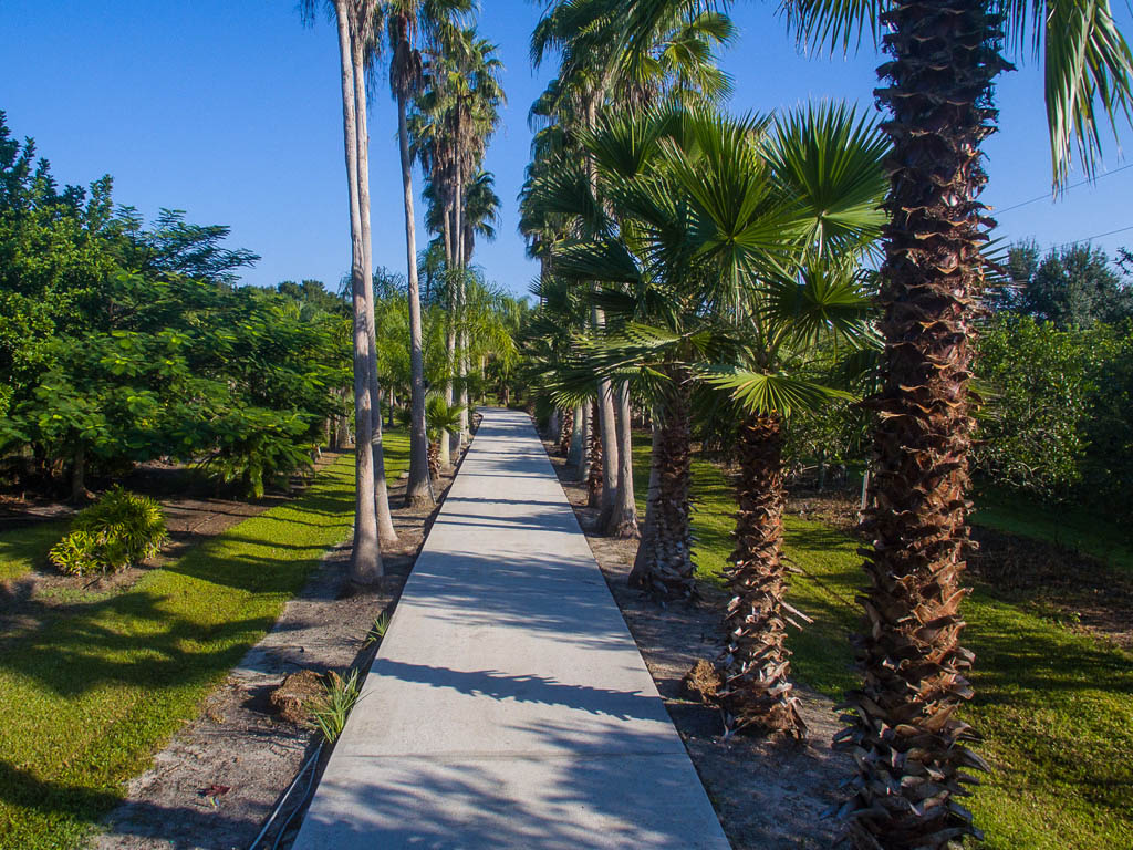 An aerial view of the paved driveway leading to the main house and guest house  